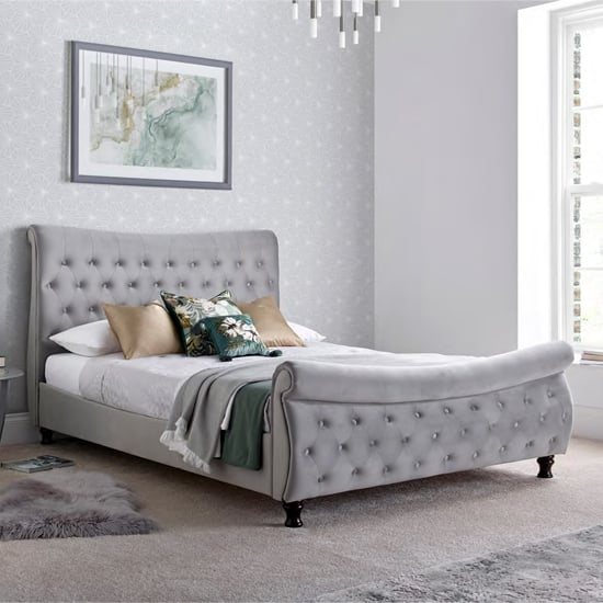 Orem Velvet Chesterfield Sleigh Double Bed In Grey