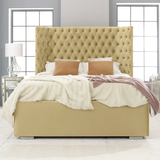 Prague Plush Velvet Double Bed In Beige