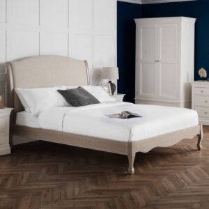 Caitlyn Oatmeal Linen Fabric Double Bed In Limed Oak