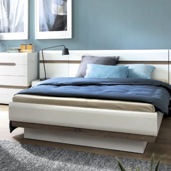 Cheya High Gloss Ottoman King Size Bed In White Truffle Oak