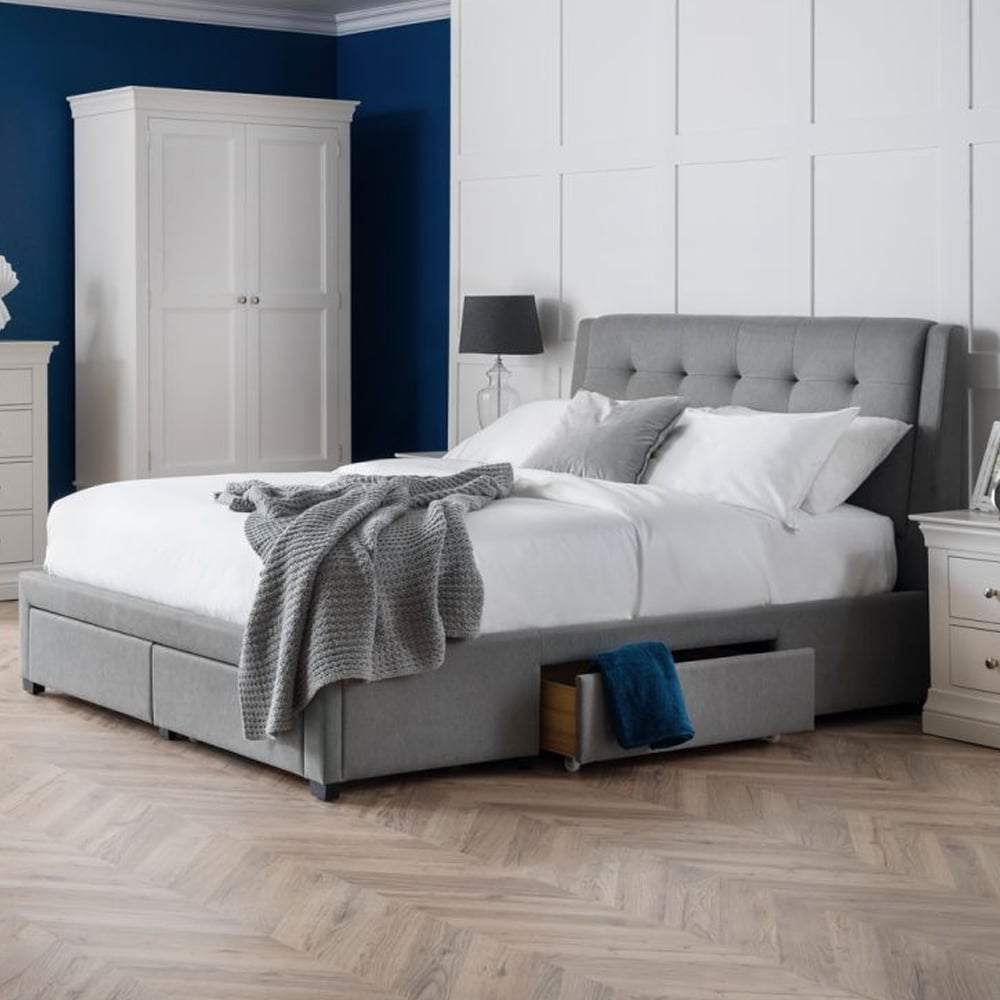 Fauna Fabric King Size Bed With 4 Drawers In Grey