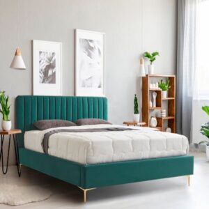 Lenox Velvet Fabric Double Bed In Green With Gold Metal Legs