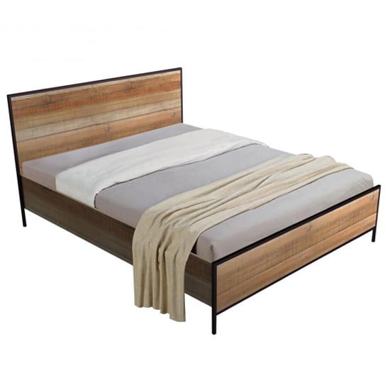 Malila Wooden Double Bed With Black Metal Frame In Oak