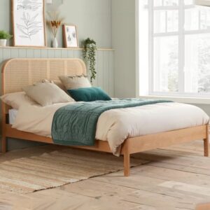 Marot Wooden Super King Size Bed With Rattan Headboard In Oak