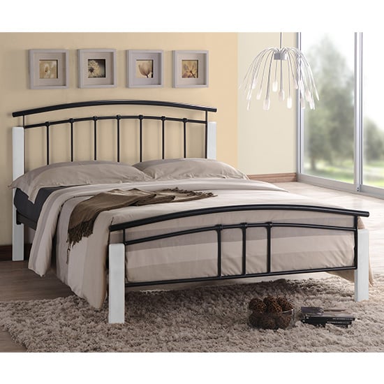 Tetron Metal King Size Bed In Black With White Wooden Posts