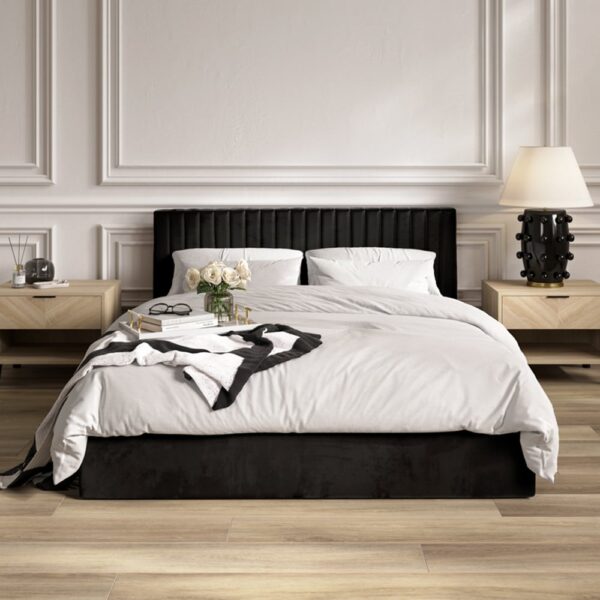 Belton Tall Ottoman Velvet Super King Size Bed In Black